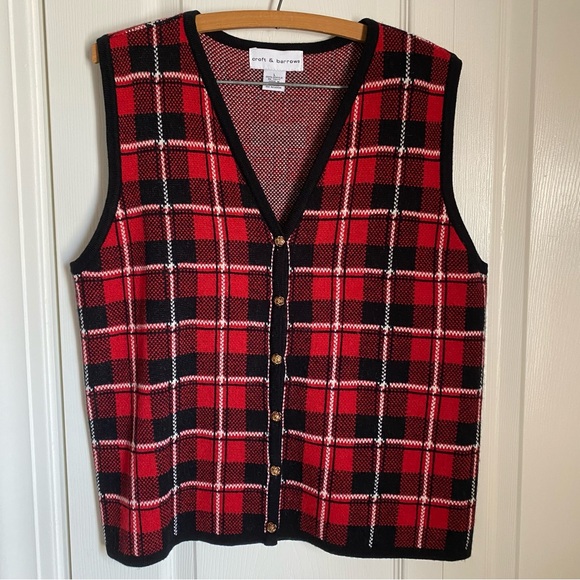 Vintage 90s Red & Black Plaid Knit Vest L Preppy Lumberjack Chic Retro Academia - Picture 1 of 8
